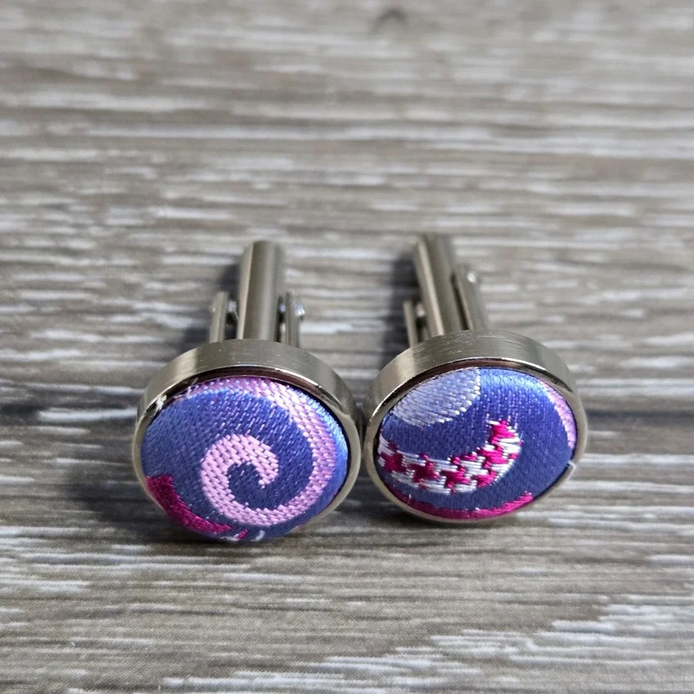Vintage Silver Tone Round Purple Pink Silk Fabric Inlay Bullet Back Cufflinks